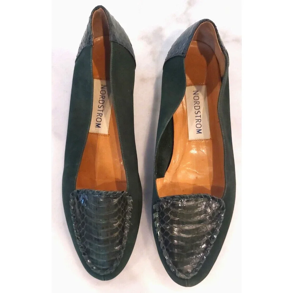 Vintage Nordstrom Flats Shoes Emerald Green Reptile‎ Leather Size 9.5